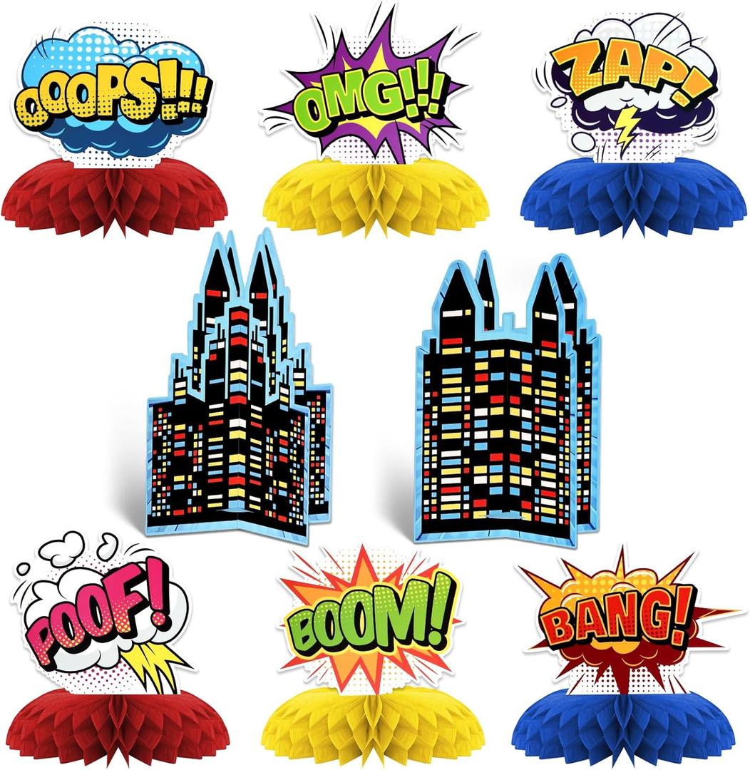 Hero Theme Party Decorations,8 PCS KSKSPE Hero Centerpieces for Tables Honeycomb Centerpieces 3D Hero Theme Party Decor Supplies Boys Girls