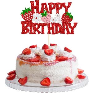 Gyufise 1Pcs Strawberry Happy Birthday Cake Topper Glitter Flower Fruit Theme Birthday Berry Cake Pick Decorations for Strawberry Theme Baby Shower Kids Birthday Party Cake Decorations Supplies Red