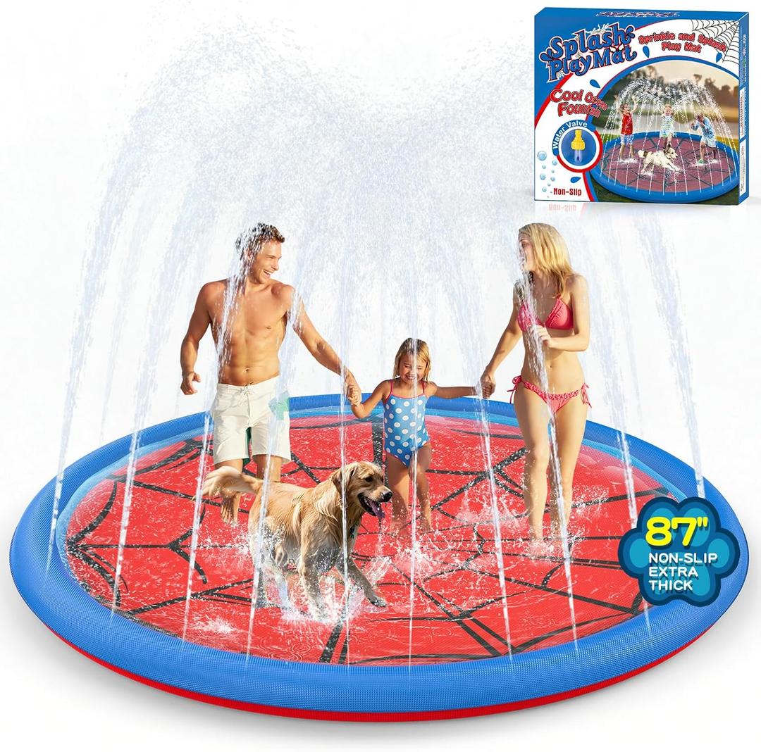 Non Slip Splash Pad for Kids and Dogs, 87'' Extra Large Splash Pad Outdoor Sprinkler for Kids, Dog Water Summer Toys Outdoor Toys for Toddlers 3-5 Ages 4-12 (Red)