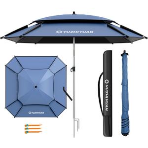 Patio Umbrella with Exclusive Black Coating, 7.2ft/7.8ft Heavy-Duty Double-Layer Nylon Canopy, Adjustable Tilt Sun Shade Outdoor Table Umbrella, UV Protection & Carry Bag for Beach, Fishing, Backyard (Norway blue, 7.2FT)