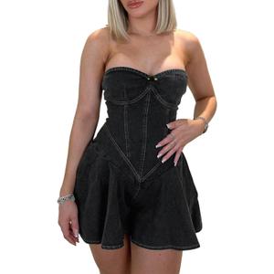 Molisry Women's Summer Tube Top Denim Dress Off Shoulder Sleeveless Sexy Cute Ruffle Pleated Jean Mini Dress Clubwear (XX-Large, Black)