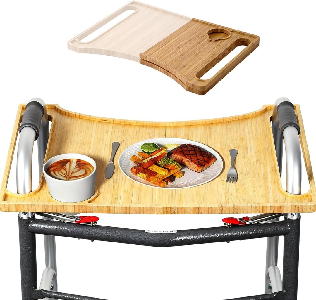 Folding Walker Tray Table, Portable Bamboo Tray with Cup Holder, Mobile Folding Table Fits Most Standard Walkers for Daily Activities Like Dining, Crafts, Or Placing A Laptop for Work 21.3" x 15"