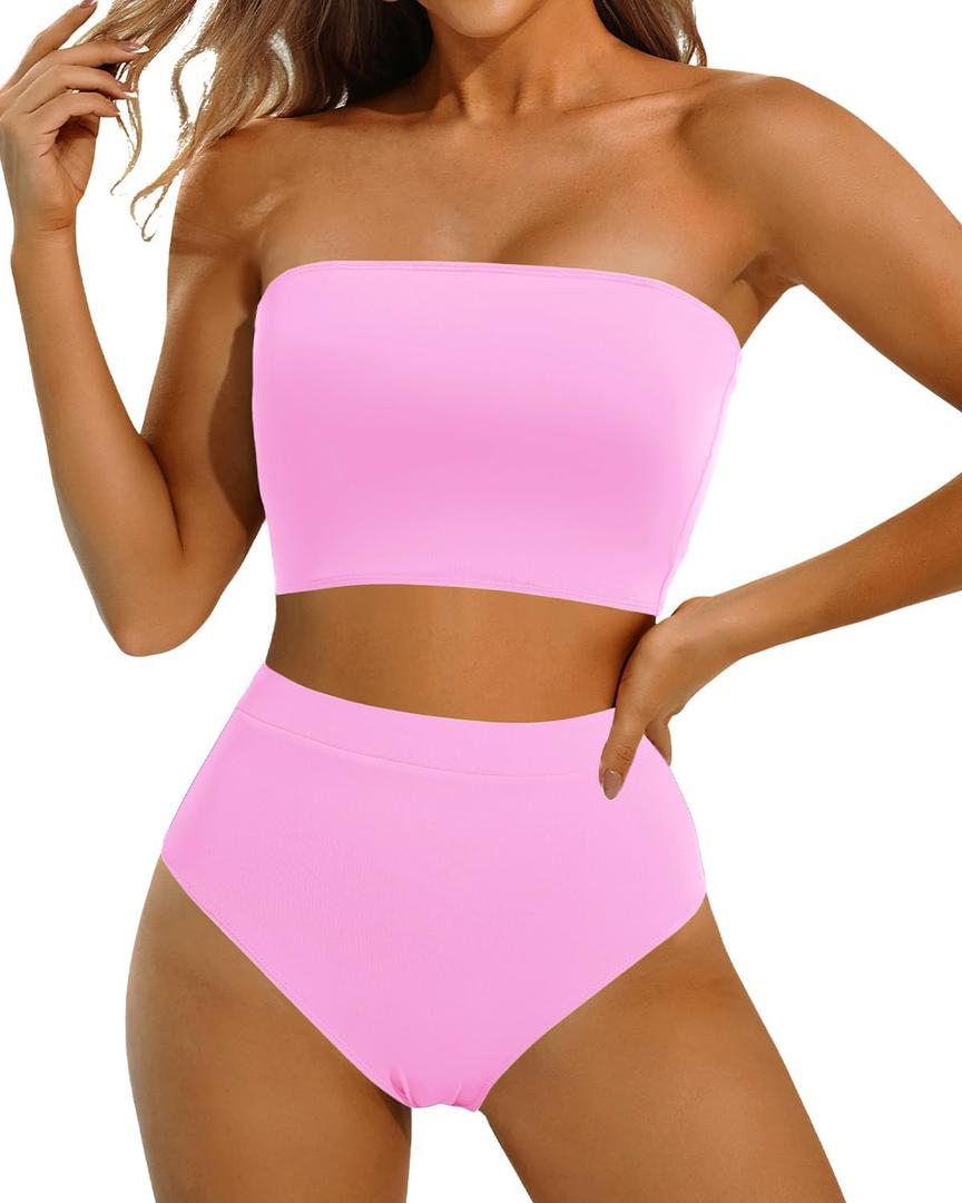 Yonique Bandeau Bikini Strapless Swimsuit - Two Piece High Waisted Bathing Suits (Small, Pink)