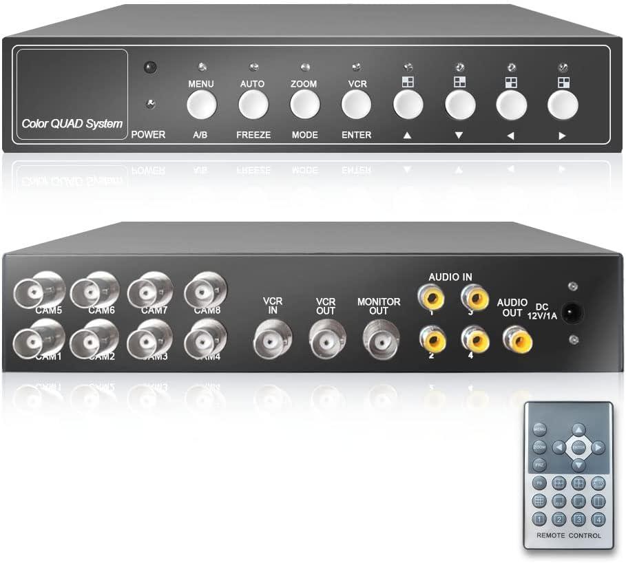 8Ch Non-Realtime Color Video Multiplexer Switcher Processor for CCTV Surveillance Cameras, Digital Zoom, Video Freezing, Motion Detection, Audio In/Out