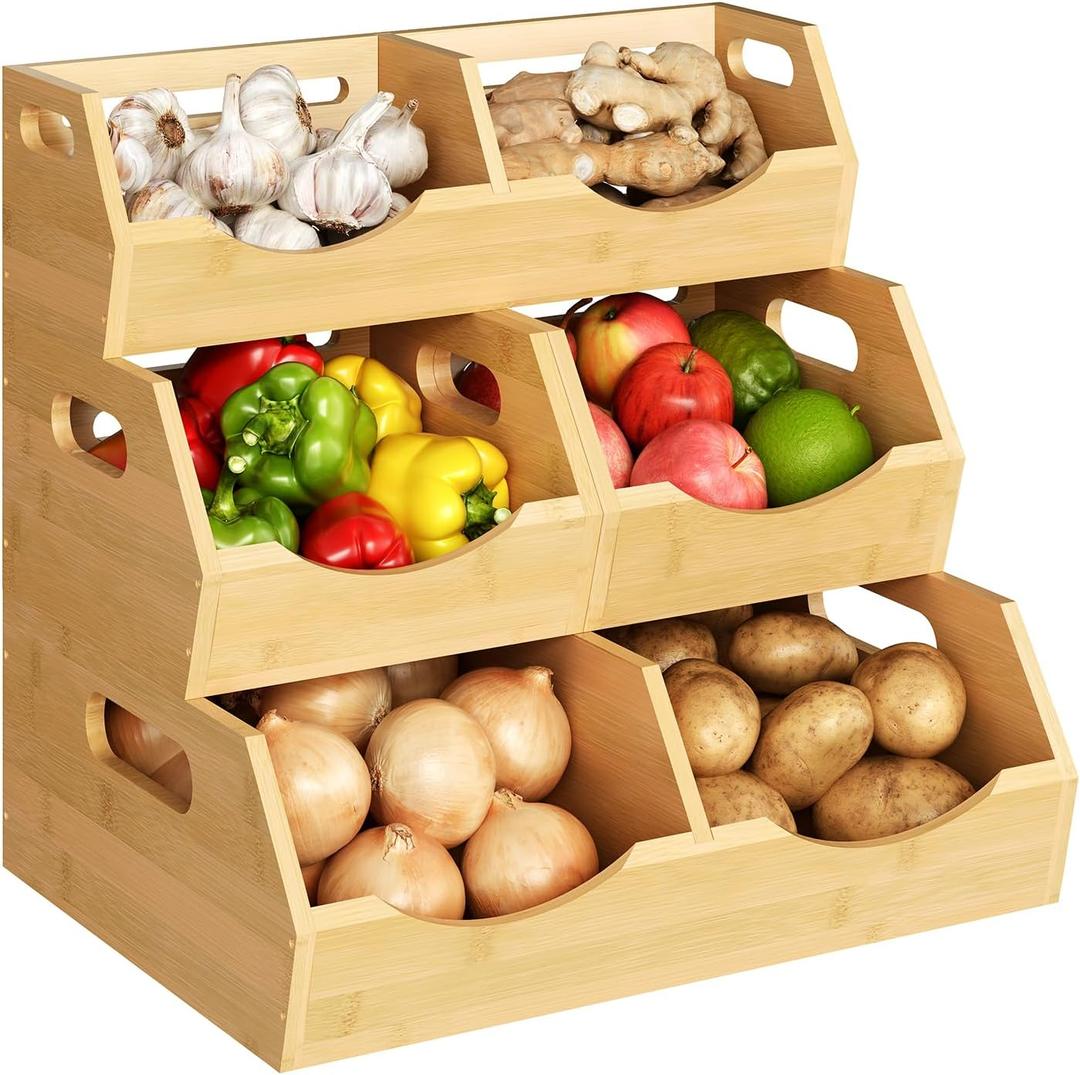 Onion Storage Bins Potato, 3 Tier Bamboo Pantry Storage Bin Stackable Ventilated Kitchen Organizer for Pantry, Countertop, Bathroom, Space-Saving, Easy Access Handle Natural Brown