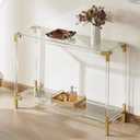 Rectangle Glass Console Table, Modern Design 2-Tier Sofa Table for Living Room & Bed Room, L41*W13*H29 inch, Clear Glass Top, Acrylic Frame and Gold Finish Metal Frame, Medium