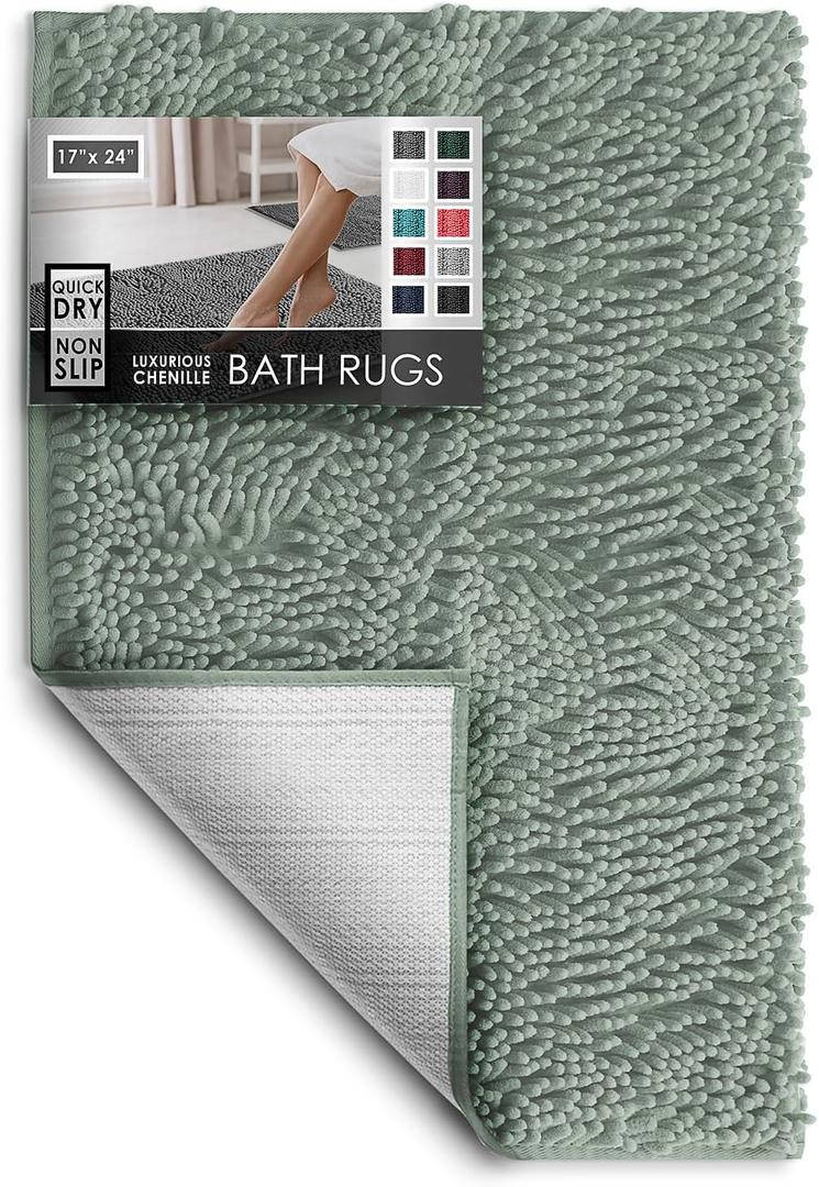 Hearth & Harbor Bathroom Rugs, Chenille Bath Mat - Machine Washable Bath Mats for Bathroom Non-Slip Backing Rubber, Quick Dry Bathroom Mat, 17 x 24 - Ice Green