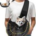 Detachable Hard Bottom Dog Sling for Small Dogs & Cats Up to 10 lbs- Upgraded Breathable Mesh, Adjustable Strap & Large Pocket - Hands-Free Pet Carrier for Travel Walking Hiking (Black Size S)
