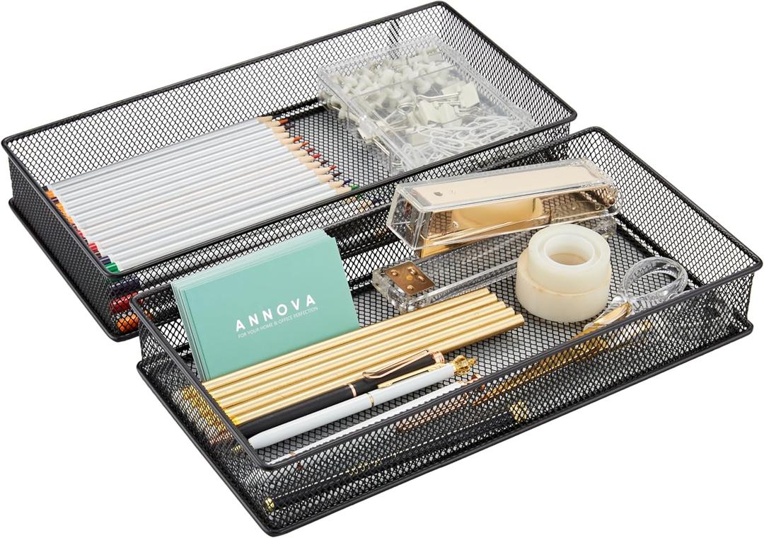 2 x Annova Mesh Stackable Drawer Cabinet and Shelf Organizer Bins Storage Basket School Office Supply Holder Tray- Set of 2 (Black, 6x12x2 Inch)