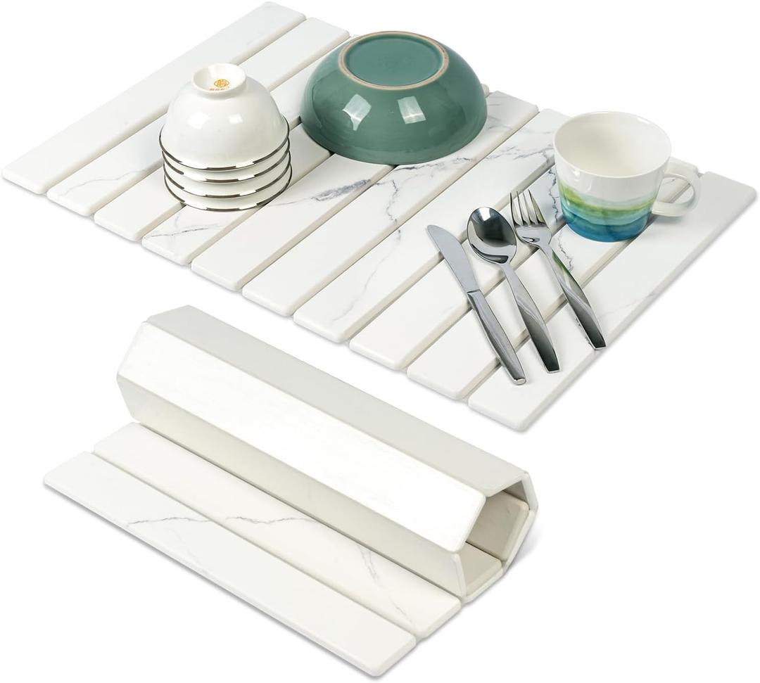 Large Stone Drying Mat for Kitchen Counter - 24"x16"Quick Drying Fast Absorbent Non-Slip kitchen Dish Drying Mats, Friendly Foldable Diatomaceous Earth Mats for Dishes Cups,Match Any Countertop (White)