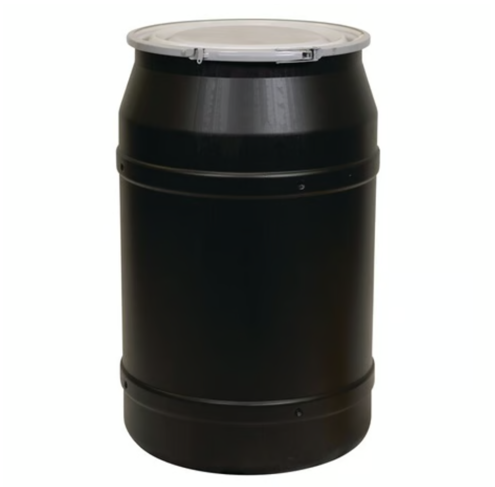 Eagle 55 Gallon Plastic Drum with Lid, Metal Lever-Lock, 36.4"x22.5", Open Head Lab Pack Drum Made of Durable, Lightweight HDPE, Withstands Weather and Chemicals, Made in USA, Black, 1656MBLK