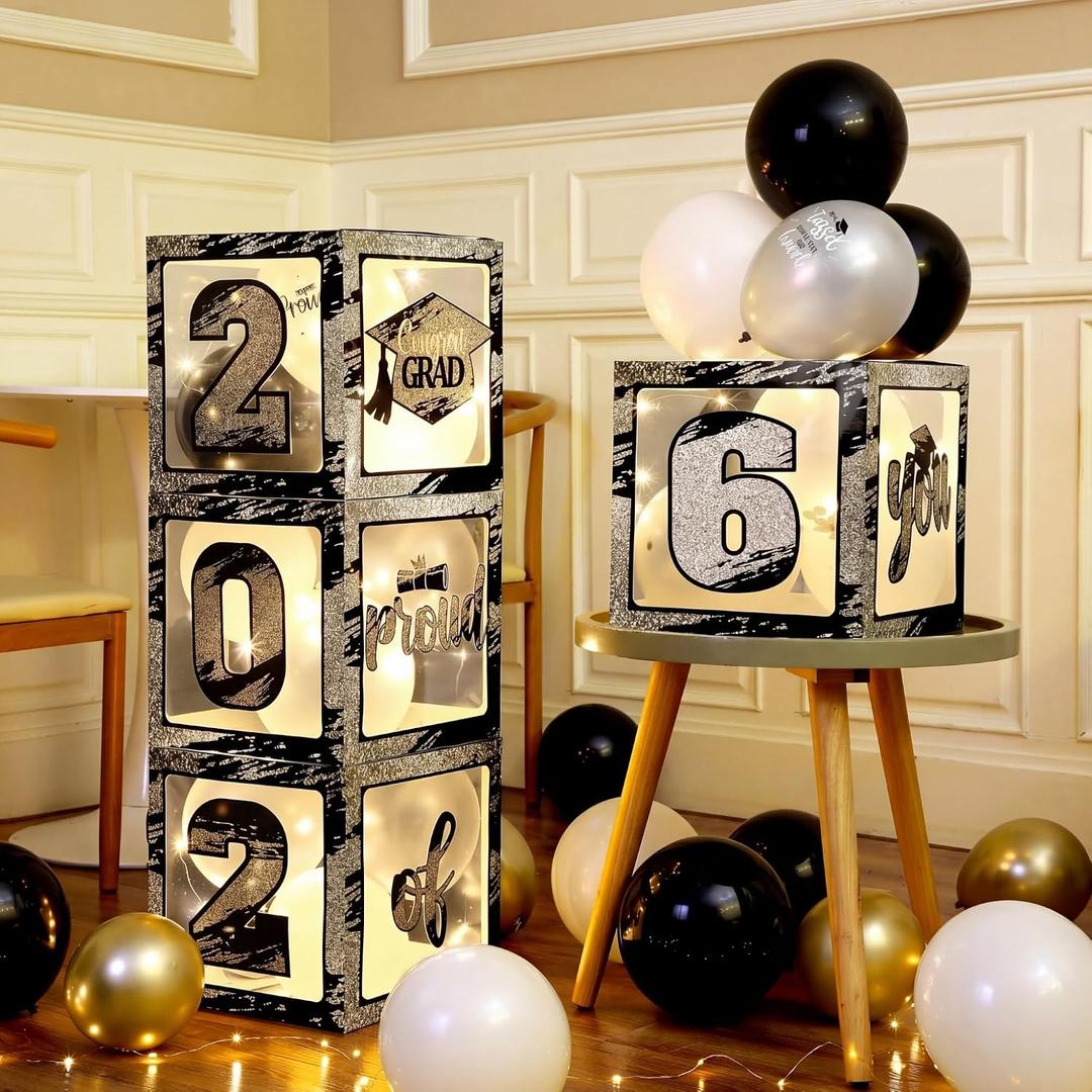Woanger 44 PCS Graduation 2026 Box Decoration - Congrats Grad Party Box Set with LED Light Strings & Balloon Proud of You Party Supplies for Class of 2026 School College(Black and Silver)