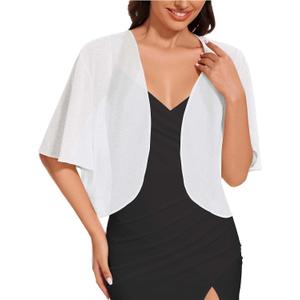 Women Bolero Shrug Cardigan Open Front Cover Up Sheer Short Sleeve Kimonos for Evening Dress (White, XXL)