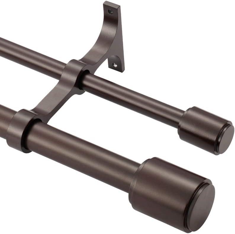 Double Curtain Rods 36-72 Inch, Bronze Double Curtain Rods with Cap Finials, Adjustable 1 Inch Front and 5/8 Inch Back Double Drapery Rod, Telescoping Dual Curtain Rod, Double Window Treatment Rods (Bronze Double Rod)