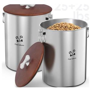 2PK 1.6L+2.5L Stainless Steel Dog Food Storage Container with Airtight Wooden Lid & Ceramic Bone Handle, Large Metal Dog Food Bin for Dogs & Cats, Keep Fresh, Easy to Clean