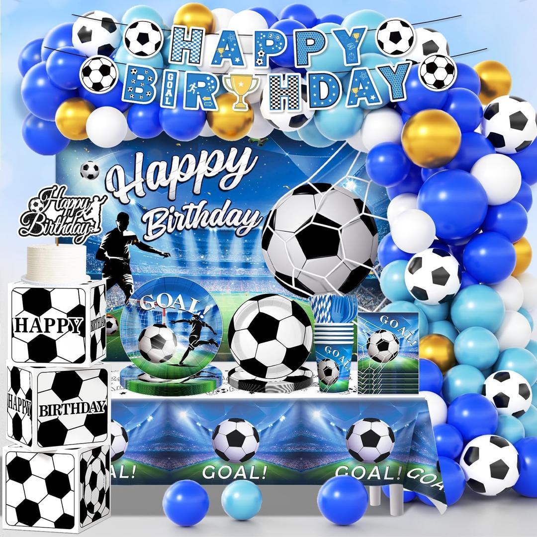 Soccer Birthday Party Decorations, All-in-1 Supplies Pack, Includes Plates and Napkins, Backdrop, Tablecloth, Balloon Kit for Blue Soccer Theme Party Decorations