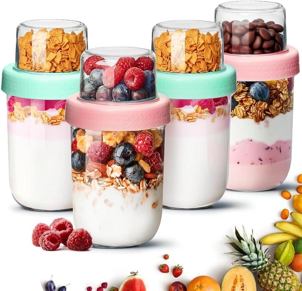ComSaf Overnight Oats Containers with Lids (16oz+4oz, 4Pcs), Dual-Laryer Chia Pudding Jars with Dry and Wet Separation, Yogurt Parfait Cups for Oatmeal Cereal Nut Fruit, Meal Prep Glass Jars for Salad