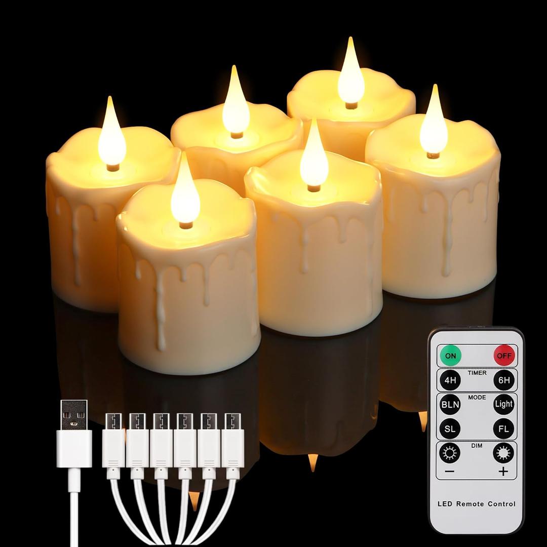 FREEPOWER Rechargeable Flameless LED Votive Candles with Timer Remote - 2'' x 3'' Waterproof Flickering Tealights Candle - Battery Operated Pillar Candles for Wedding, Party and Holiday Decor - 6PCS (Cream)