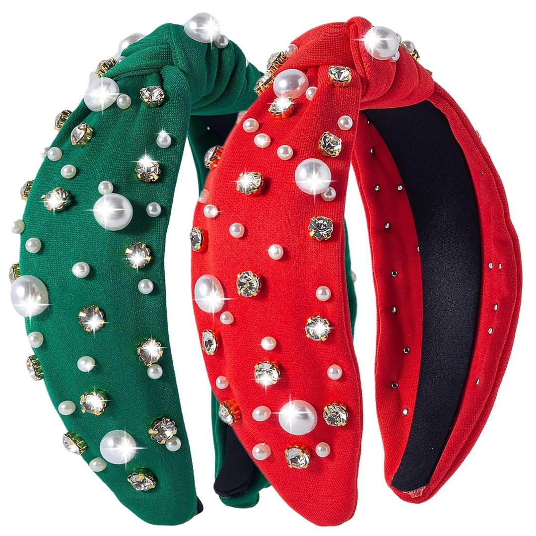 2Pcs Christmas Headbands for Women, Solid Color Rhinestones Holiday Knot Hair Hoops, Festive Pearl Hair Accessory Gift (Red&Green)