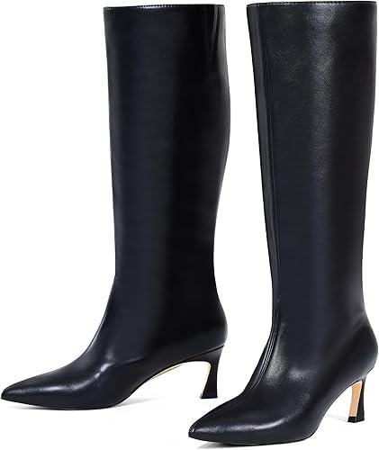 GENSHUO Knee High Boots Women Pointed Toe 2.3 Inches Kitten Heel Tall Boots Classic Fashionable Long Boots with Side Zipper (Black), Size 6