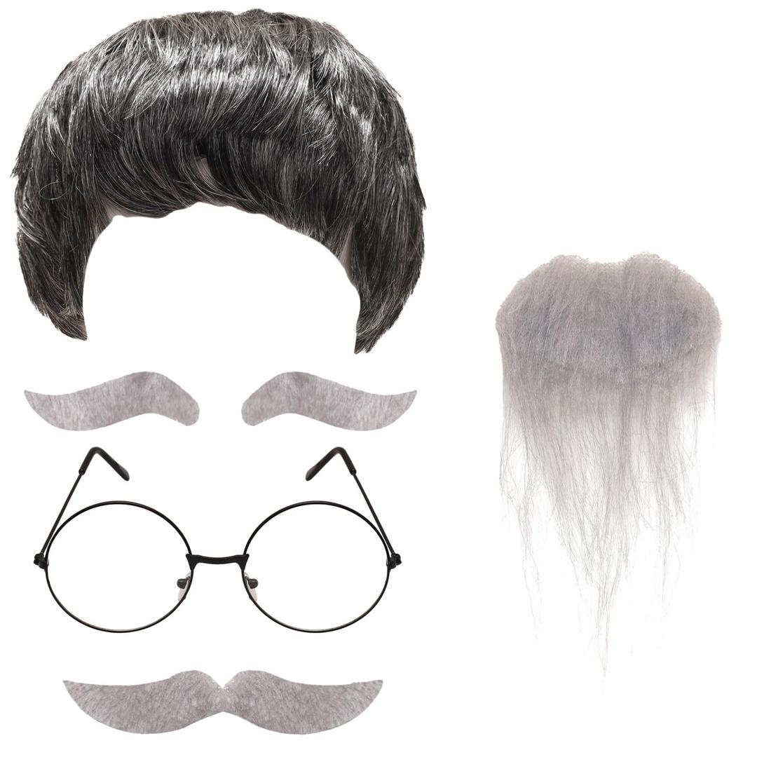 Gvhntk Old Man Wig And Mustache Set Old Man Costume Kit Grandpa Costume Accessories Grey Wig Fake Beard Eyebrows Glasses for Men Adults Teens for Halloween