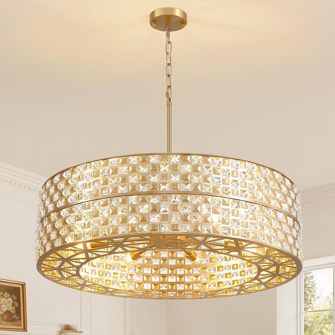 30inch Gold Crystal Chandelier, 2-Tier Round Drum Brass Chandeliers Modern Luxury, 8-Light Splicing Crystal Pendant Ceiling Light Fixture for Dining Living Room Foyer Kitchen Entryway