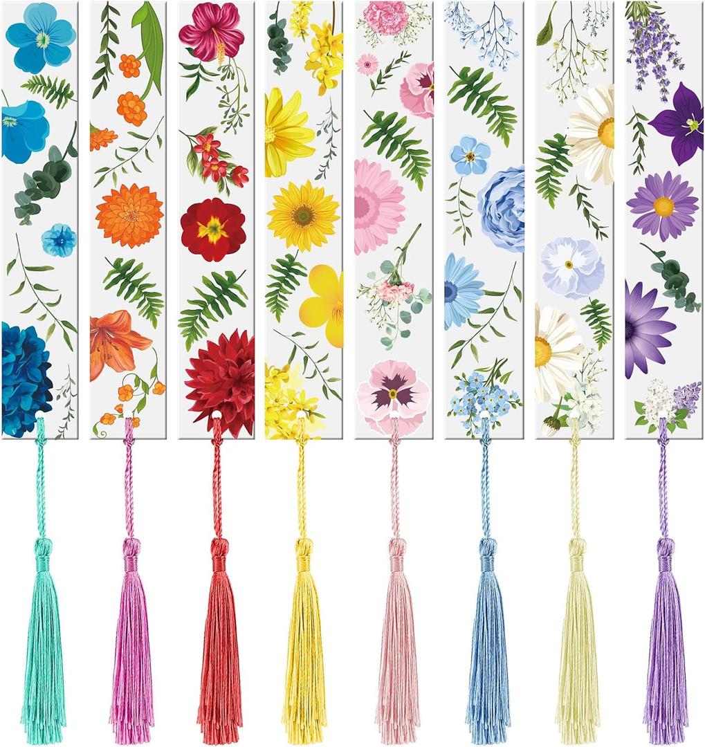 Outus 8 Sets Flower Acrylic Bookmarks Transparent Acrylic Cute Floral Bookmarks with Colorful Tassels for Back to School Women Teacher Kids Book Lovers, 8 Styles