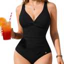 Popilush Tummy Control Shapewear Swimsuit One Piece Bathing Suit for Women Twist Front Ruched Swimwear (XX-Large, Black)