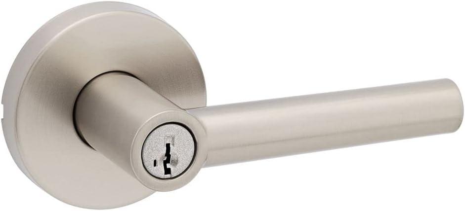 Kwikset Milan Entry Door Handle with Lock and Key, Secure Keyed Reversible Lever Exterior, Doorlock, For Front Entrance and Bedrooms, Satin Nickel, Pick Resistant Smartkey Rekey Security
