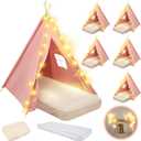 6 Pack Sleepovers Teepee Tent for Kids Bulk with Mattress Sheet Light,Natural Cotton Washable Indoor Play Tent for Birthday Slumber Party Girls Boys Pajama Movie Night Supplies(Pink)