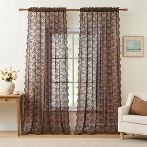 YJ YANJUN Vintage Lace Curtains 84 Inches Long-Victorian Floral Boho Brown Sheer Curtains for Living Room Bedroom, Light-Filtering Rustic Farmhouse Window Treatment, Chocolate 2 Panels 52W x 84L
