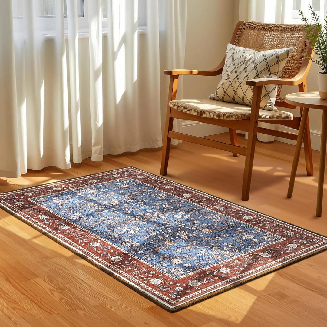 Softlife Washable Area Rug for Entryway, Non-Slip 2x3 Small Rugs for Hallways, Vintage Throw Front Door Mat for Entry, Oriental Modern Print Carpets Rubber Backing, Blue and Maroon