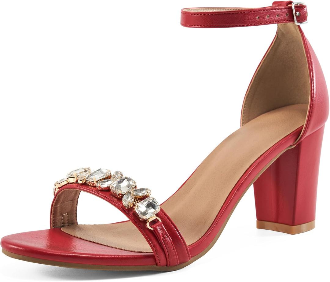 Womens High Heels Comfortable: Open Toe Ankle Strap Chunk Heeled Sandals - Buckle Rhinestone Heel for Prom Wedding (8, Red)