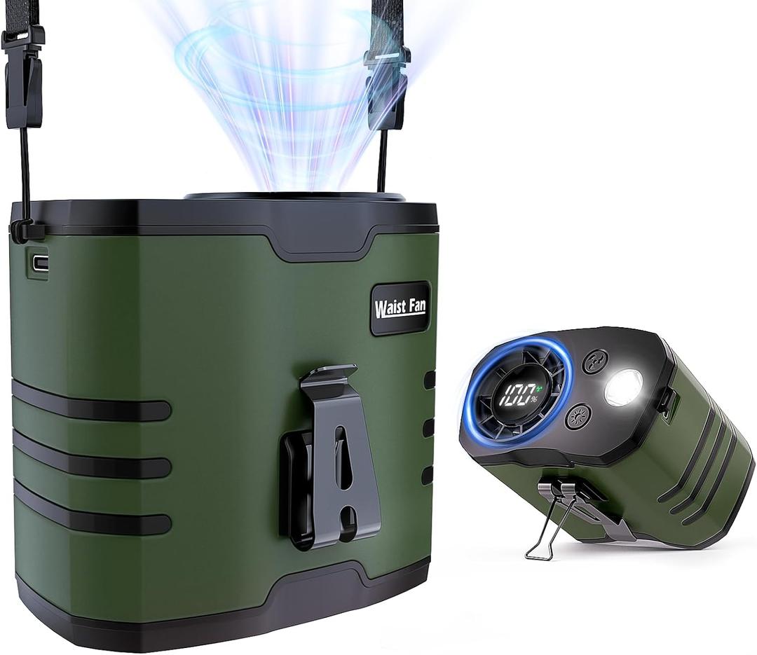 Portable 4 in1 Waist/Neck/Desk Fan with light and LED Display,10-Speed 16000RPM, 40H Runtime Cooling Personal Waist Belt Fan Clip on, Hands-Free Hanging Neck Fan for Outdoors, Hiking, Jobsite (Green)