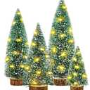 Small Christmas Tree with Lights, 4 Pcs Table Top Mini Christmas Tree with Wooden Bases, LED String Light Small Bottle Brush Pine Tree Decor for Xmas Holiday Party Home Indoor Christmas Decoration