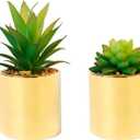 Faux Succulent Artificial Plants 7'' & 5'' in Pots Home Decoration Set of 2 Gold Pots