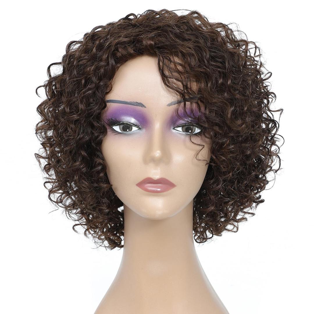 HUA Short Curly Human Hair Wigs for Black Women Highlights Brown Color Kinky Curly Wigs for White/Black Women 8 Inch Brazilian Short Human Hair Wigs for Black Women Wear And Go Glueless Wig (P2/4)