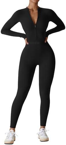 YEOREO Women Long Sleeve Workout Jumpsuit Zip Up Romper Bottom Pants Bodysuit Bodycon Sexy One Piece, Large