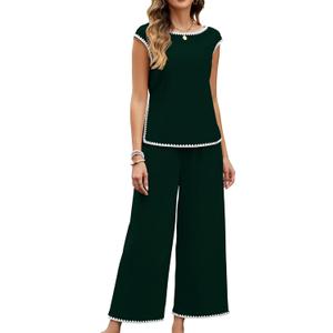 Gardenwed Women's Two Piece Outfit, Cap Sleeve Top and Wide Leg Pants Elegant Summer Set with Trim Design (XXL)