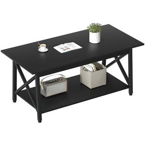 GreenForest Black Coffee Table with Storage Shelf 39 inch, 2 Tier Rectangular Center Table for Living Room, Modern Farmhouse Small Table for Home Office, Easy Assembly