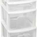 HOMZ Drawer Tower, 4-Tier Clear Plastic Storage Organizer Cart, White Frame Rolling Containers with Wheels for Bathroom, Bedroom, Office, and Classroom Organization