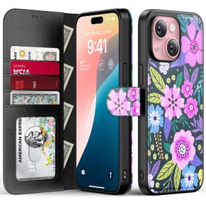 FUNMIKO for iPhone 14 Case Wallet,Detachable Flip Folio Leather Cover,RFID Blocking 4 Card Slots Holder,Magnetic Kickstand,Protective Phone Shell for Women Girls,Vibrant Flowers