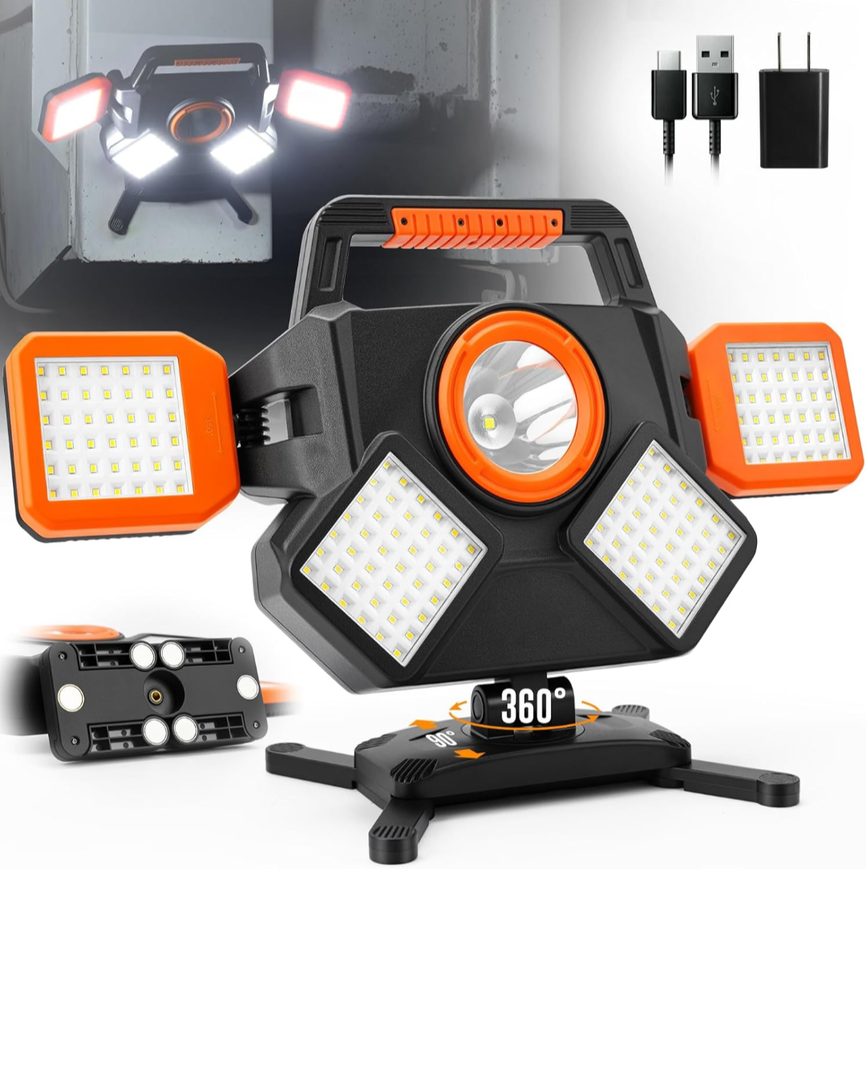 55W Rechargeable Work Light 5000LM, Foldable&Rotatable Magnetic LED Work Light with 6 Modes, 8000mAh Battery Powered Portable Work Lights for Workshop, Car Repair, Construction, Camping, Emergency Use