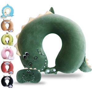 Sexysamba Cartoon Headrest & Neck Pillow for Kids Boys & Girls, Teens, Travel Accessories for Airplane, Car, Recline, Memory Foam Cute Travel Pillow with Sleep Eye Mask - Dinosaur