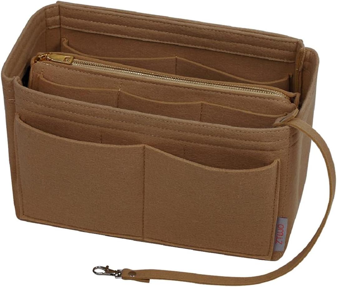 ZTUJO Purse Organizer Insert, Felt Bag Organizer with Metal Zipper, Handbag & Tote Shaper, For Speedy Neverfull Tote, 7 Sizes (Small, Light Coffee)