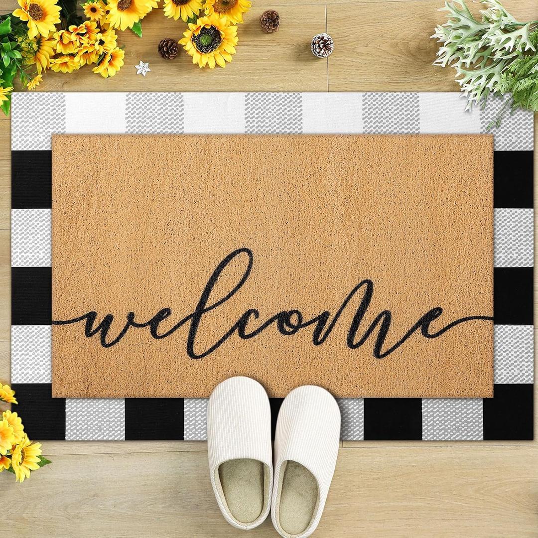 Tinideya 2 Pcs Door Mat Welcome Non Slip Coir Mats Black White Buffalo Plaid Checked Floor Layering Doormats Seasonal for Front Porch Entryway Decor (Welcome)
