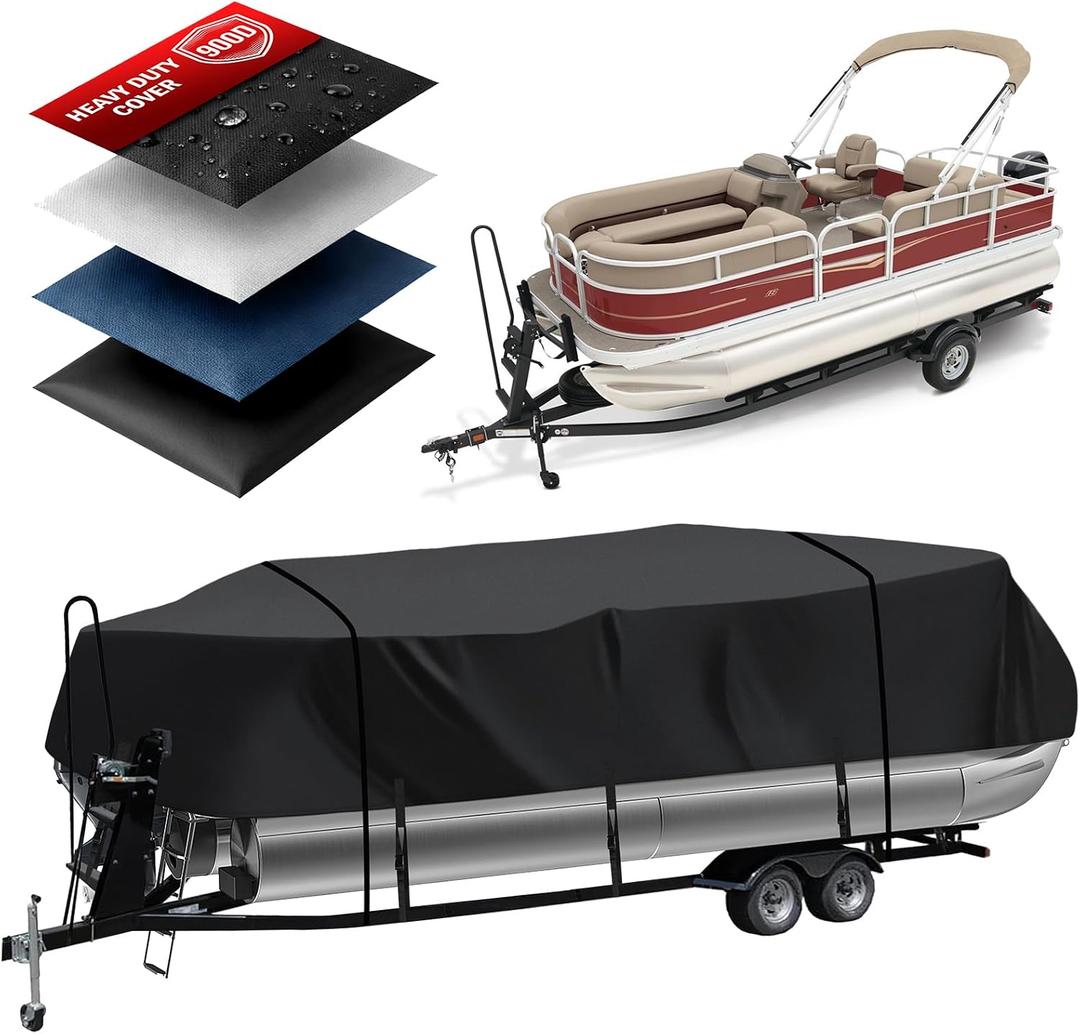 Heavy Duty 900D Pontoon Boat Cover, 16'-18'5'' Marine Grade Waterproof Cover with Adjustable Windproof Tightening Strap & Anti-UV for SunTracker Party Barge/SPORTFISH/Fishing Barge