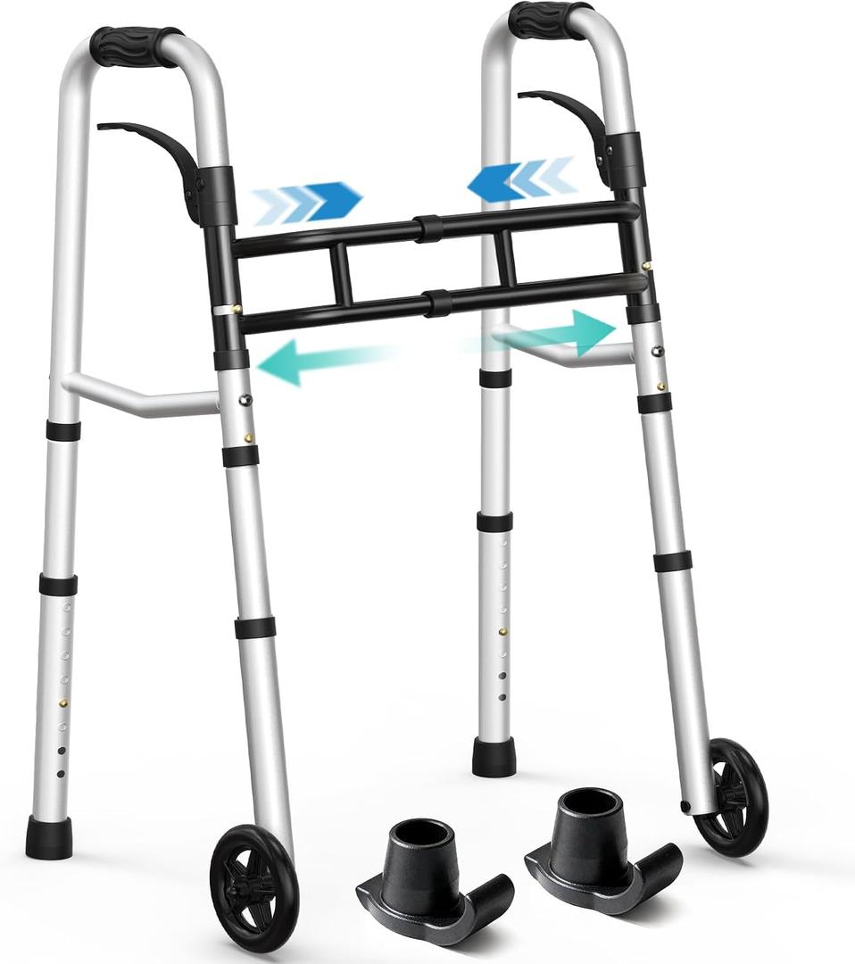 HOMENURSE Narrow Walkers for Seniors, Folding Walker with Skis and 5" Wheels for Small Spaces, Adjustable Width & Height, Aluminum Lightweight Standard Rolling Walker, Support Up to 350lbs, Silver