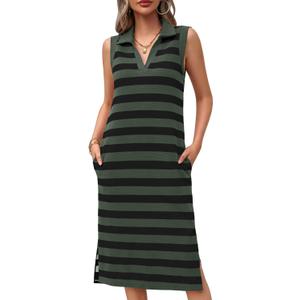 Wenrine Women's Striped Summer Dress Casual Polo V Neck Sleeveless Slit Loose Fit T Shirt Midi Dresses