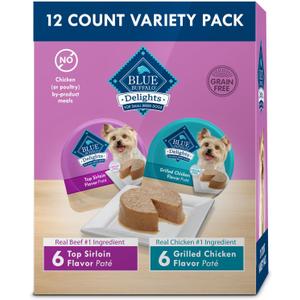 Blue Buffalo Delights Small Breed Natural Wet Dog Food Variety Pack, Top Sirloin Pat and Grilled Chicken Pat, 3.5-oz Cups, 12 Count (EXP 03/08/28)